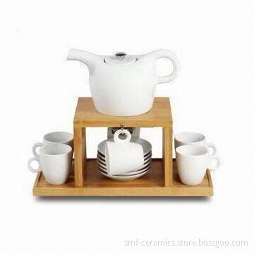 Tea Pot Set with 6-piece Cups and Saucers and Bamboo Holder, Comes in White